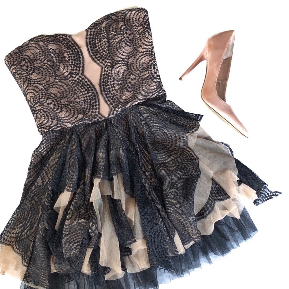 BCBG Strapless Scallop Lace Tulle Dress “Norelle”